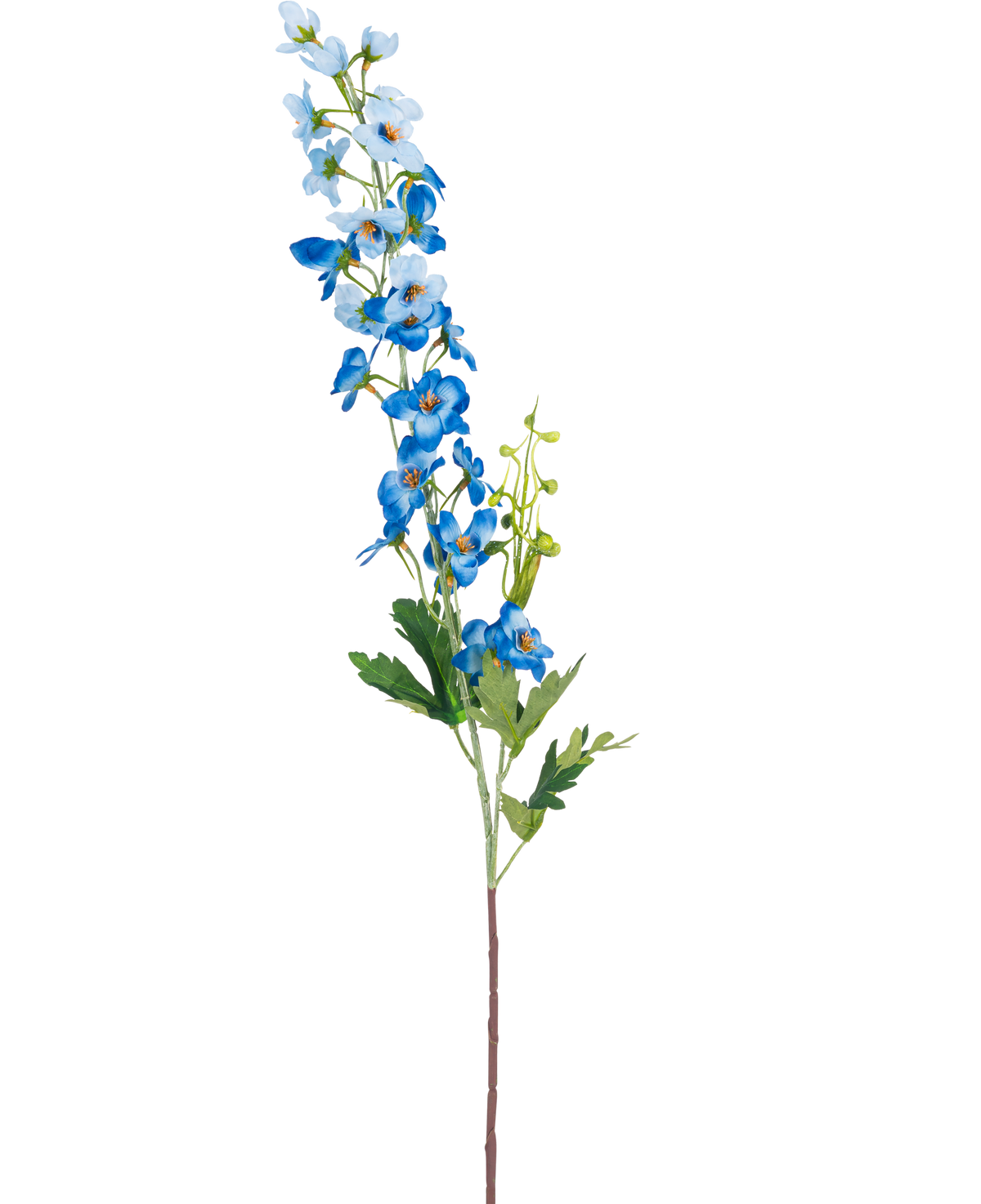 Die künstliche Blume Delphinium 79 cm blau hat einen einzelnen langen Stiel mit blauen Blüten in Büscheln und grünen Blättern vor einem weißen Hintergrund. Die Blüten reichen von Hell- bis Tiefblau entlang der Stielspitze.