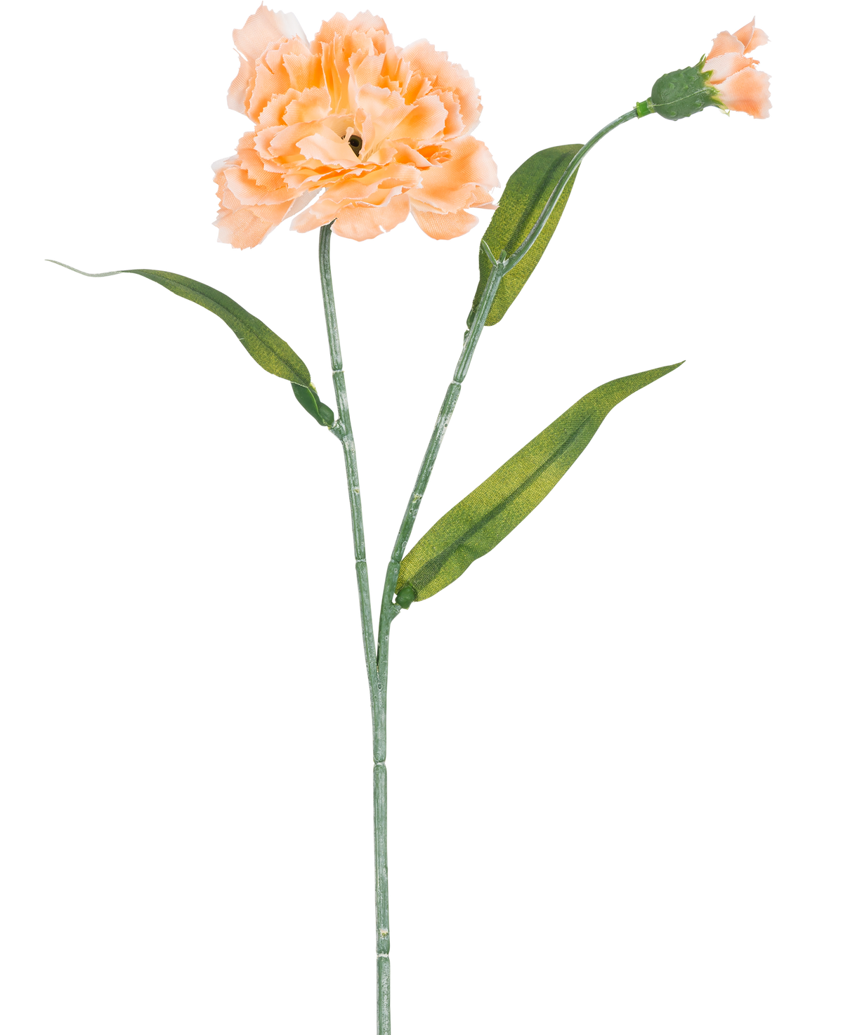 Die künstliche Blumennelke 40 cm Pfirsich ist eine künstliche Nelke in hellem Pfirsich mit grünen Blättern und einer kleinen ungeöffneten Knospe, dargestellt auf weißem Hintergrund.