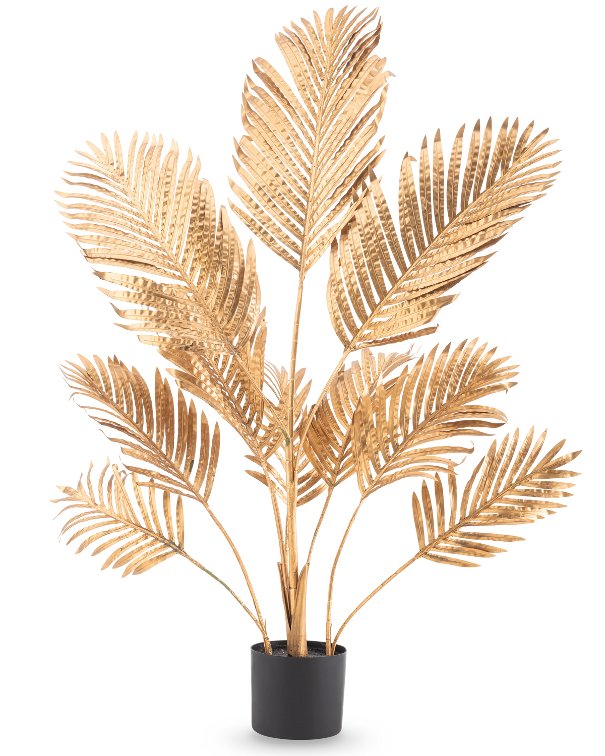 Die künstliche Palme Areca Gold 120 cm hat metallisch goldene Palmblätter in einem schwarzen Topf vor einem schlichten weißen Hintergrund.