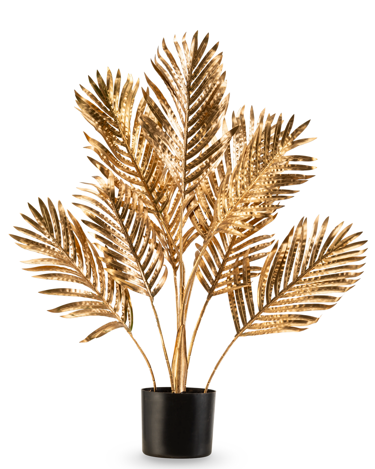 Die künstliche Palme Areca Gold 80 cm ist eine dekorative Topfpflanze mit metallisch goldenen Palmblättern in einem schwarzen Topf vor einem schlichten weißen Hintergrund.
