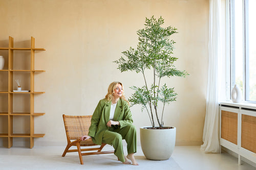 Eine Frau in einem grünen Anzug lächelt, während sie auf einem Holzstuhl neben der künstlichen Ruscus-Pflanze (180 cm) in einem hellen, modernen Raum mit beigen Wänden, großen Fenstern und minimalistischem Dekor sitzt.