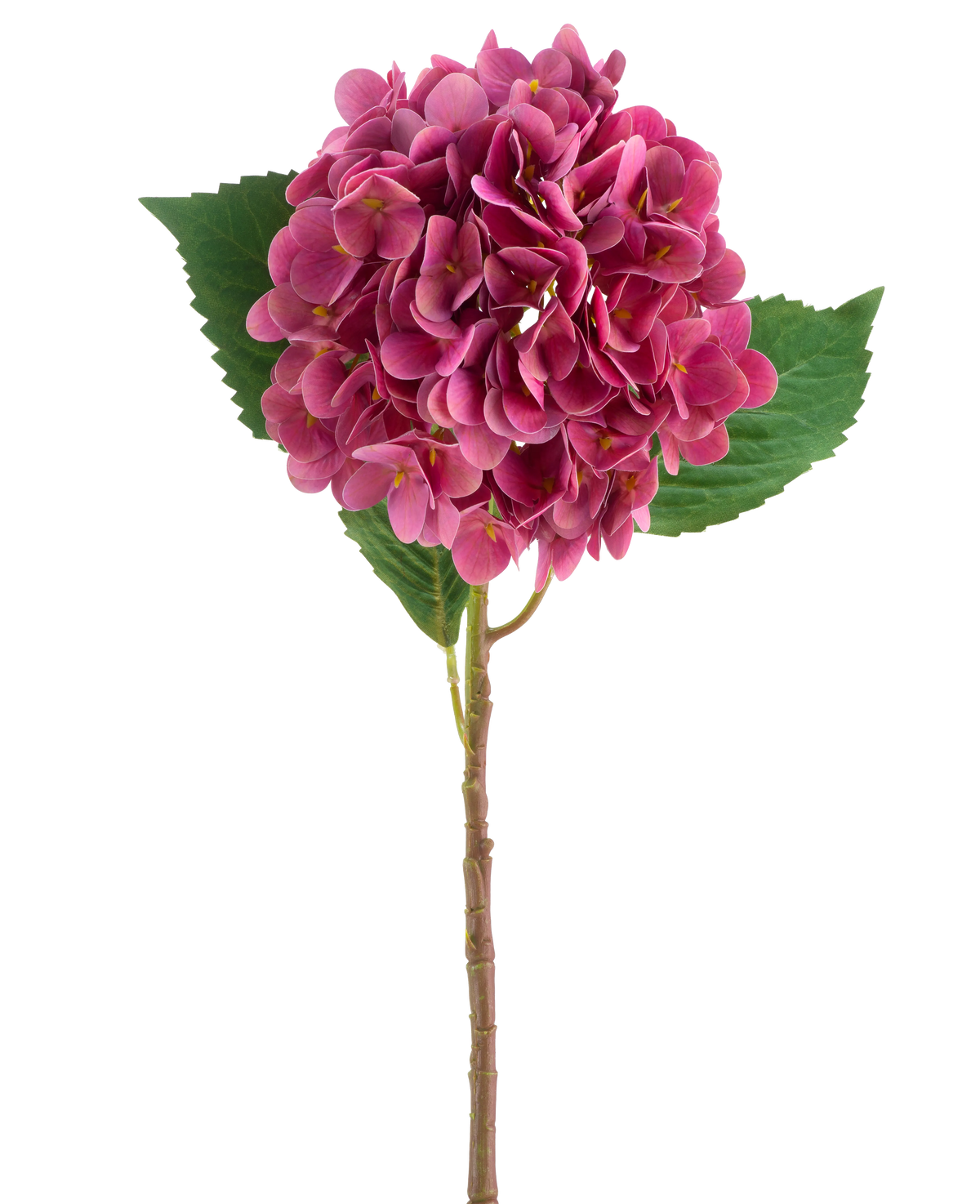 Eine lila-rote künstliche Hortensie Real Touch-Blume mit grünen Blättern, 58 cm hoch.