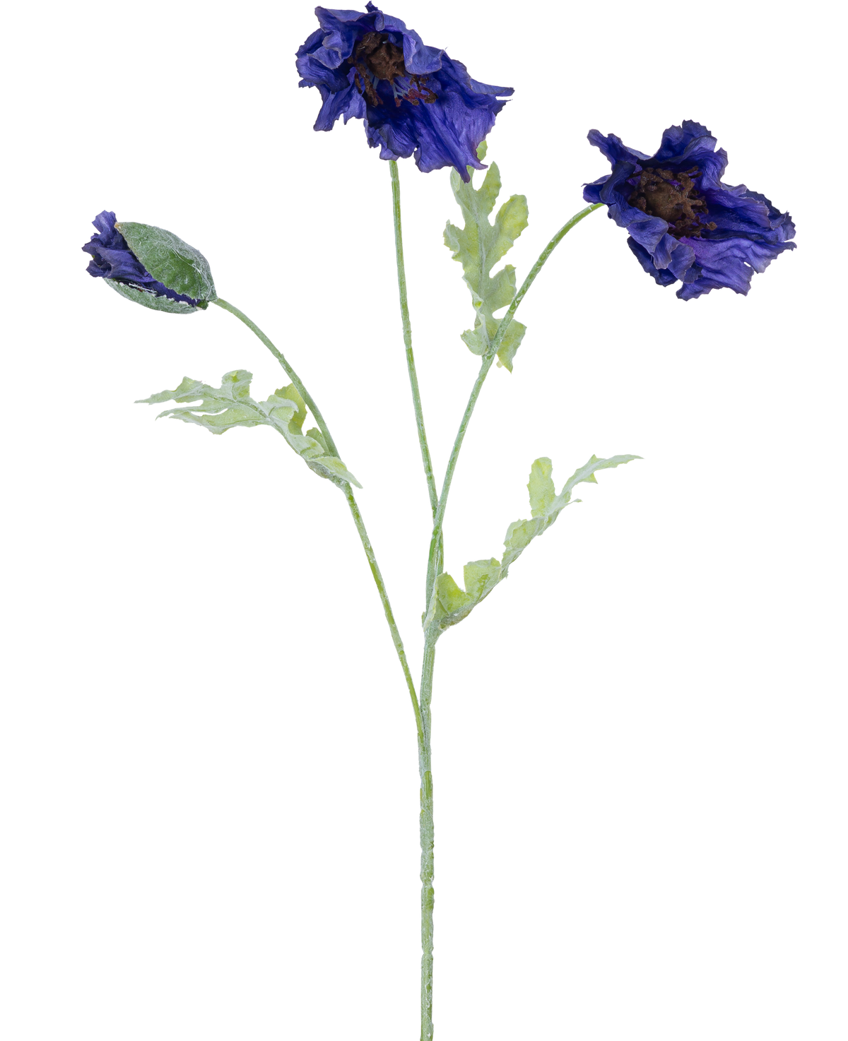 Eine botanische Illustration der künstlichen Blumenmohnblume 73 cm dunkelblau zeigt drei hellgrüne Stiele – zwei mit Rüschen aus dunkelblauen Blüten und einer mit einer geschlossenen Knospe vor weißem Hintergrund.