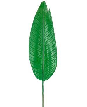 Die künstliche Blatt-Strelitzie 110 cm ist ein großes, grünes künstliches Blatt mit einer markanten Mittelrippe und sichtbaren Seitenadern, dargestellt vor einem schlichten weißen Hintergrund.