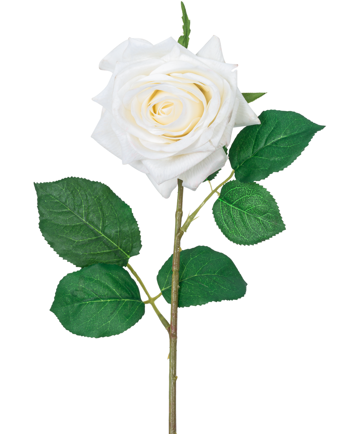 Die künstliche Rose „Emine“ Real Touch White 43 cm hat eine einzelne weiße Rose mit geschichteten Blütenblättern und grünen Blättern an einem langen Stiel vor einem schlichten weißen Hintergrund.