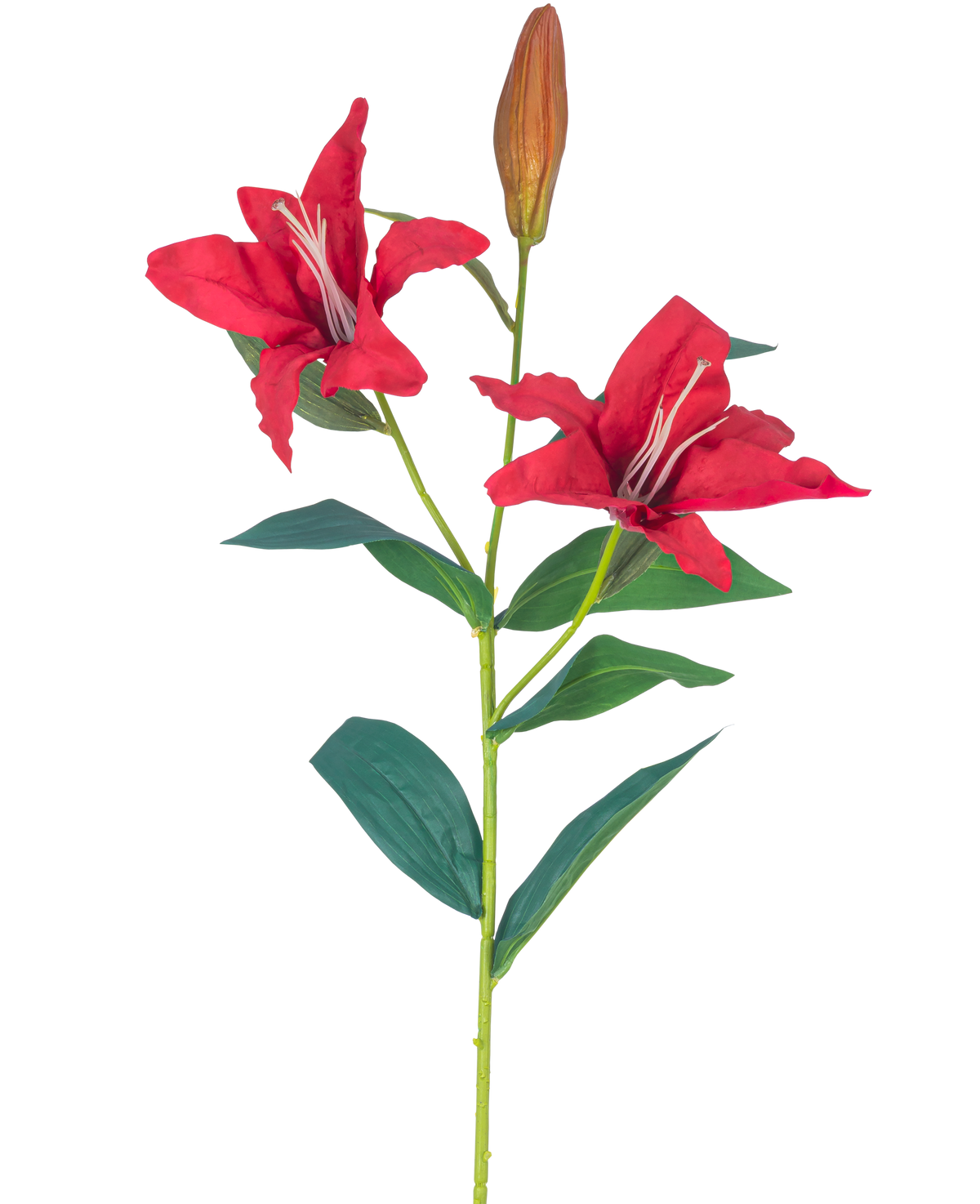 Die künstliche Blumenlilie Real Touch rot 95 cm hat einen Stiel mit zwei offenen roten Lilienblüten, einer geschlossenen Knospe und mehreren grünen Blättern, alles vor einem weißen Hintergrund.