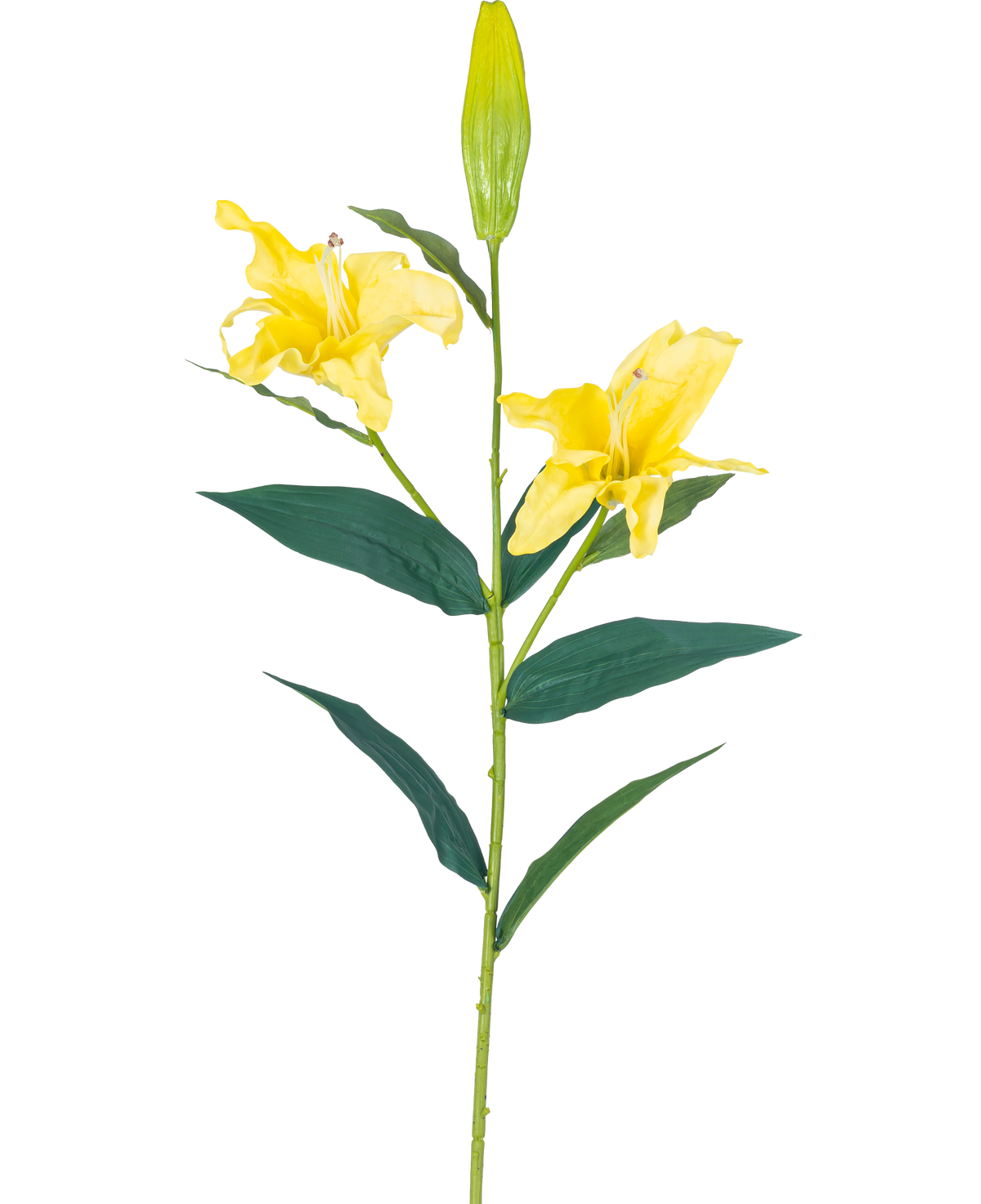 Die künstliche Blumenlilie Real Touch Yellow 95 cm hat einen einzelnen Stiel mit zwei offenen gelben Lilienblüten, einer geschlossenen Knospe an der Spitze und langen grünen Blättern, alles vor einem schlichten weißen Hintergrund.