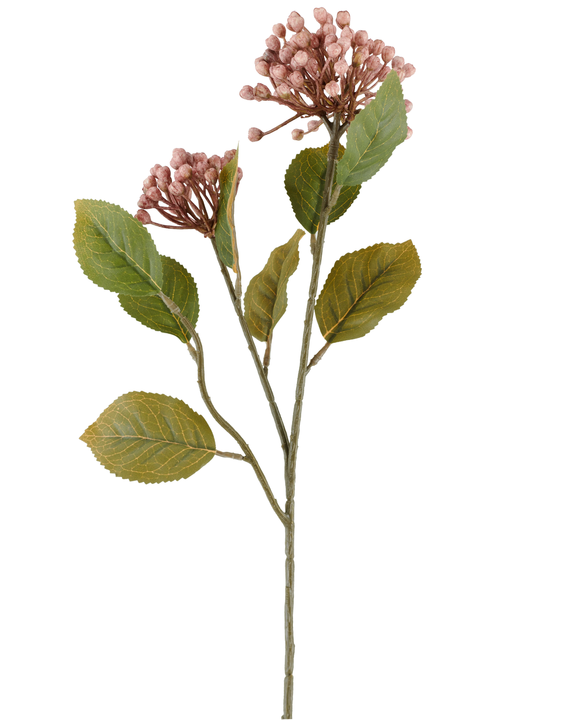 Kunstblume Hortensie 55 cm lila, mit Büscheln kleiner, lila Knospen und grünen Blättern an langen, schlanken braungrünen Stielen, dargestellt auf weißem Hintergrund.