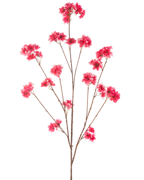 Die künstliche Blume Kirschblüte 130 cm in Fuchsia hat einen einzelnen Stiel mit mehreren dünnen braunen Zweigen, die jeweils mit Büscheln leuchtend fuchsiafarbener künstlicher Weihnachtsblüten vor einem schlichten weißen Hintergrund verziert sind.