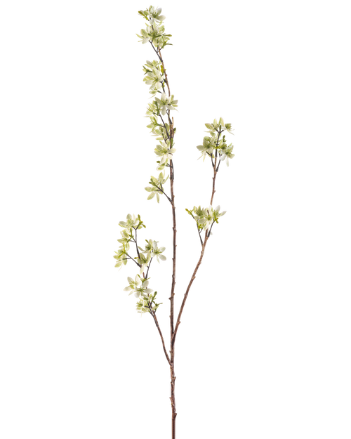 Die künstlichen Blumen 102 cm grün sind ein einzelner, schlanker brauner Zweig mit mehreren Ablegern und kleinen Büscheln hellgrüner und weißer Blüten vor einem schlichten weißen Hintergrund.