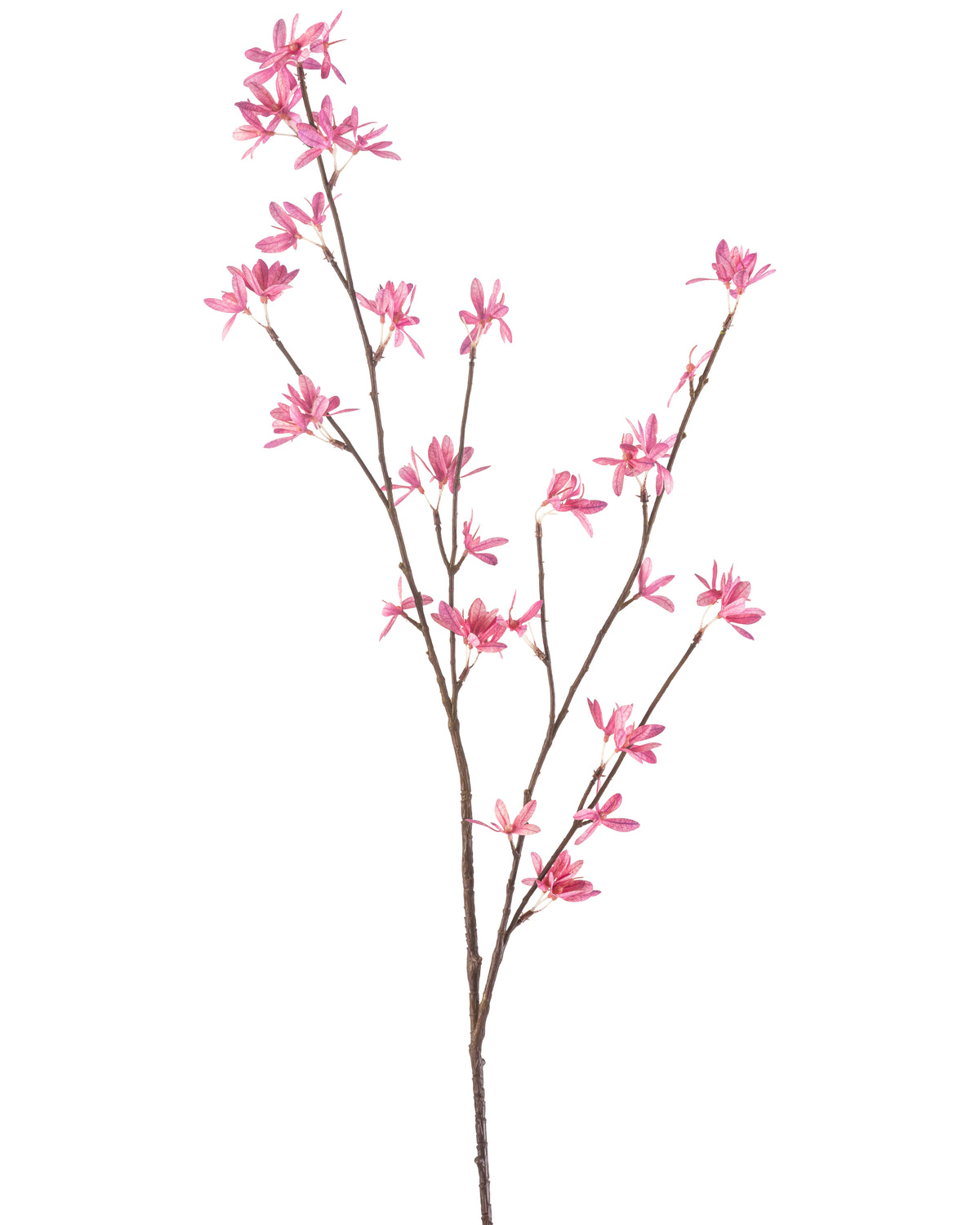 Die künstliche Blumen-Wildblumen 112 cm Fuchsia hat einen einzelnen Zweig mit mehreren Ablegern, mit zarten fuchsiafarbenen Blüten vor einem weißen Hintergrund.