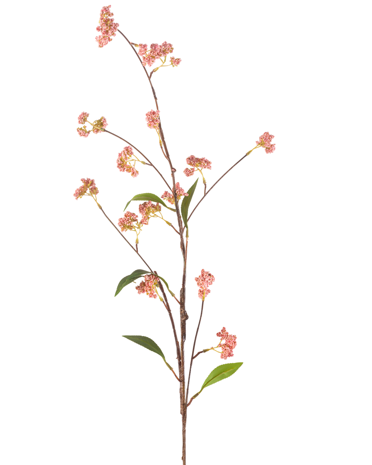 Die künstliche Beerenblume 95 cm rosa hat einen langen, dünnen Stiel mit einer Reihe kleiner Büschel rosa Beeren und einigen grünen Blättern, die vor einem schlichten weißen Hintergrund abgebildet sind.