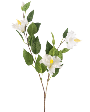 Die Kunstblume Hibiskus 89 cm creme hat einen Zweig mit grünen Blättern und drei cremefarbenen Hibiskusblüten mit gelben Staubgefäßen vor einem schlichten weißen Hintergrund.