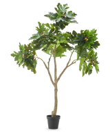 Der Kunstpflanze Ficus Carica Feigenbaum 210 cm hat mehrere Zweige, sattgrüne Blätter und mehrere unreife Feigen vor einem schlichten weißen Hintergrund.