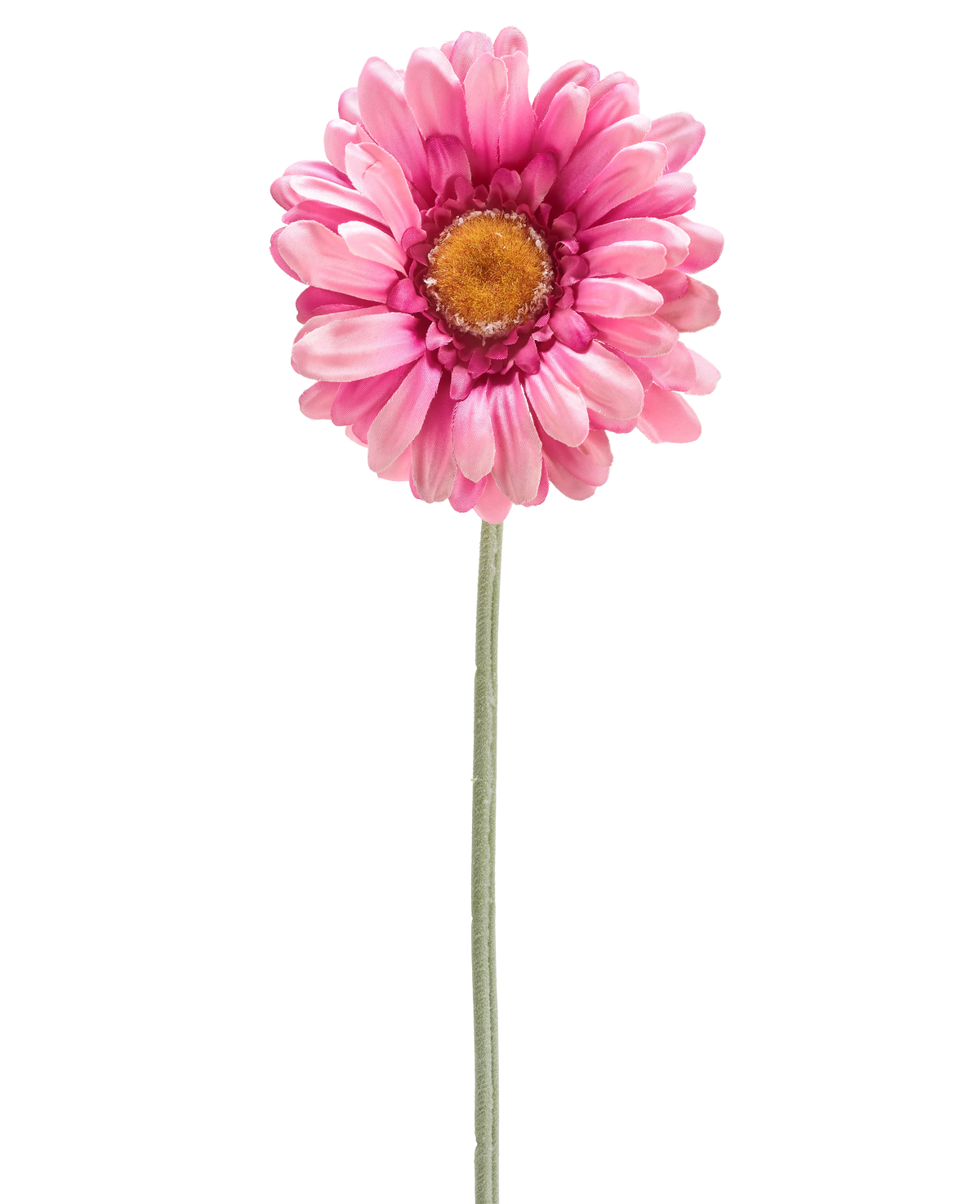 Die künstliche Blume Gerbera 53 cm dunkelrosa ist ein einzelnes dunkelrosa künstliches Gänseblümchen mit einem gelben Herzen auf einem langen grünen Stiel, isoliert auf einem weißen Hintergrund.