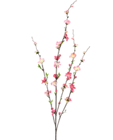 Die künstliche Blumenblüte 93 cm in Fuchsia/Rosa besteht aus drei schlanken Zweigen mit kleinen grünen Blättern und Büscheln aus fuchsiafarbenen und rosa Blüten, isoliert auf weißem Hintergrund.