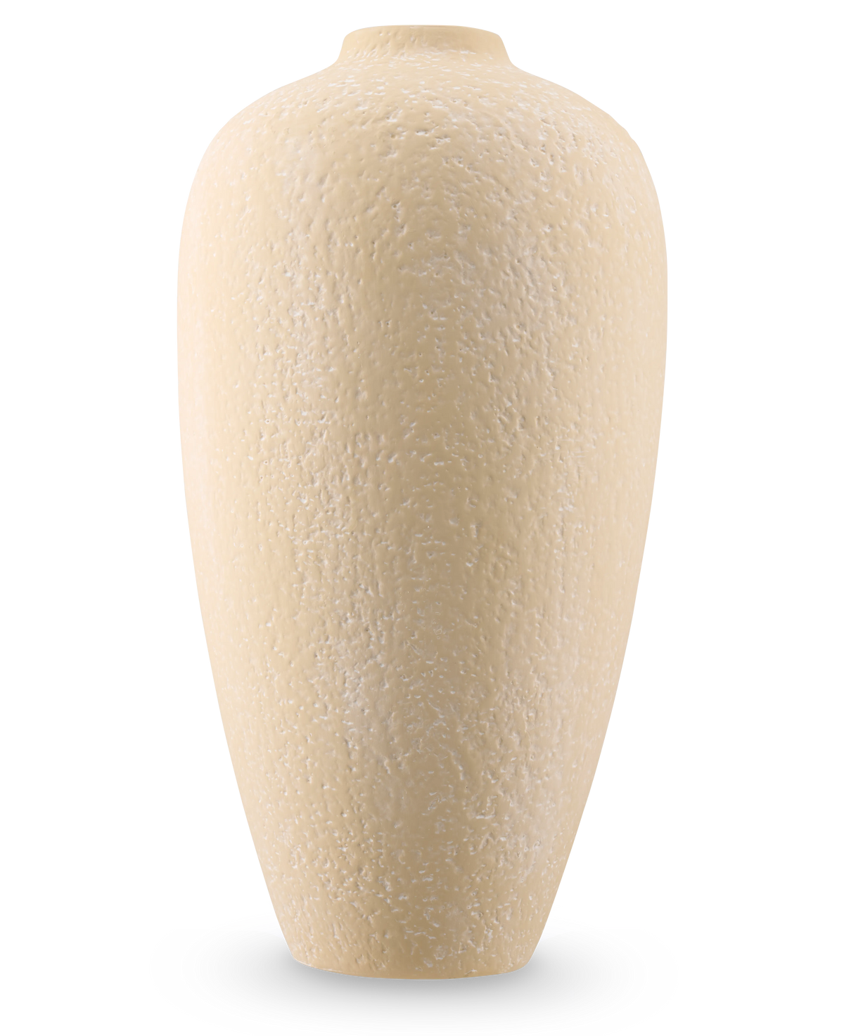 Eine hohe, strukturierte Vase „Calm Bloom“ in gebrochenem Weiß, 42 cm hoch und mit einer schmalen Öffnung oben, abgebildet vor einem schlichten weißen Hintergrund.