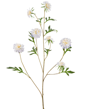 Ein hoher künstlicher Stiel namens Artificial Flower Cornflower 112 cm hellblau mit mehreren Zweigen, jeweils mit hellblauen Kornblumen und grünen Blättern, vor einem schlichten weißen Hintergrund.