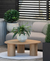 Auf einem kleinen Teppich neben einem grauen Sofa auf einer Terrasse steht ein hölzerner Couchtisch mit einer 60 cm großen Kunstpflanze Bird's Deluxe darauf, im Hintergrund ein paar Topfpflanzen.