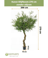 Künstlicher Olivenbaum 270 cm ohne Oliven im Topf, insgesamt 270 cm hoch und 200 cm breit. Topf ist für Dekotöpfe geeignet, Höhe 17 cm, Durchmesser 18 cm. Der niederländische Text oben/unten zeigt Größen und Markenzeichen.