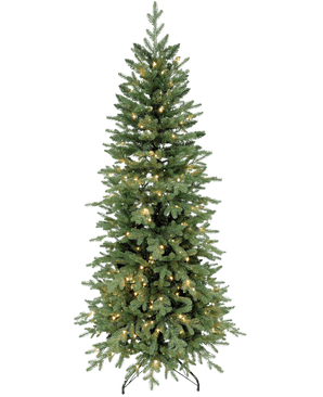 Der künstliche Weihnachtsbaum Slim „Undset“ aus 100 % PE – Smart LED verfügt über Blätter, die sich echt anfühlen, integrierte warmweiße Lichter und einen schwarzen Metallständer, dargestellt vor einem schlichten weißen Hintergrund.