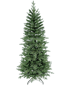 Der künstliche Weihnachtsbaum Slim „Undset“ PE/PVC ist ein hoher, symmetrischer Kunstbaum mit dichten, realistischen grünen Zweigen. Es steht schmucklos auf einem schwarzen Metallständer vor einem schlichten weißen Hintergrund.