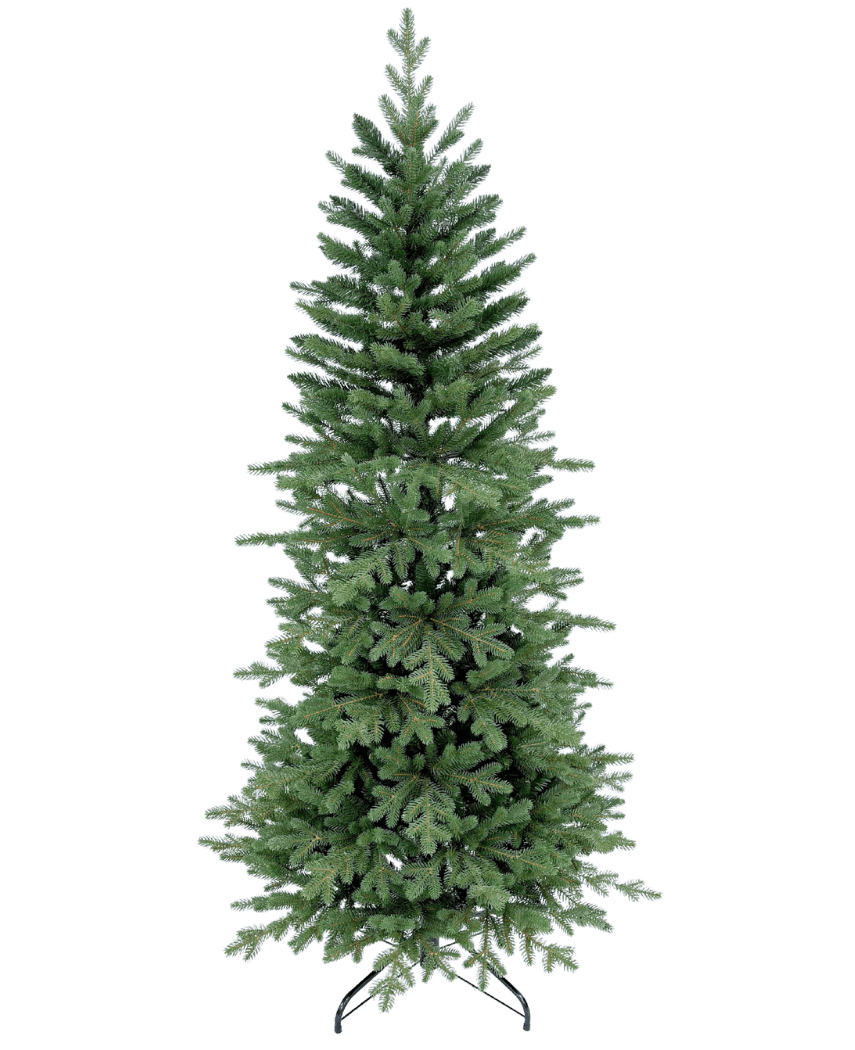 Der künstliche Weihnachtsbaum Slim „Undset“ PE/PVC ist ein hoher, symmetrischer Kunstbaum mit dichten, realistischen grünen Zweigen. Es steht schmucklos auf einem schwarzen Metallständer vor einem schlichten weißen Hintergrund.