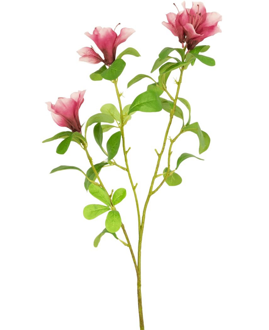 Eine einzelne künstliche Blume, Rhododendron-Azalea, 73 cm, fuchsiafarbener Stiel mit drei blühenden rosa Blüten und mehreren grünen Blättern auf weißem Hintergrund.