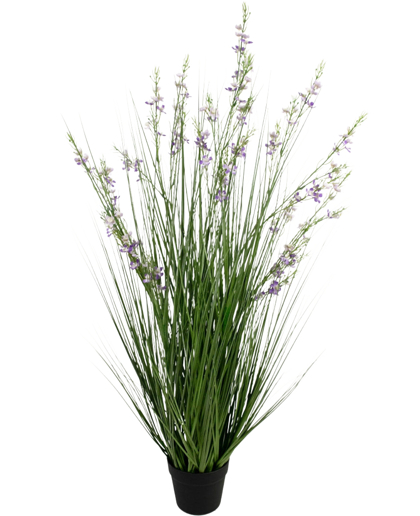Der feuerhemmende Kunstrasen Hirse-Zwiebelgras Bonsai 120 cm hat hohe, dünne grüne grasähnliche Blätter und lange Stiele mit zarten violetten Blüten in einem schwarzen Topf vor einem weißen Hintergrund.