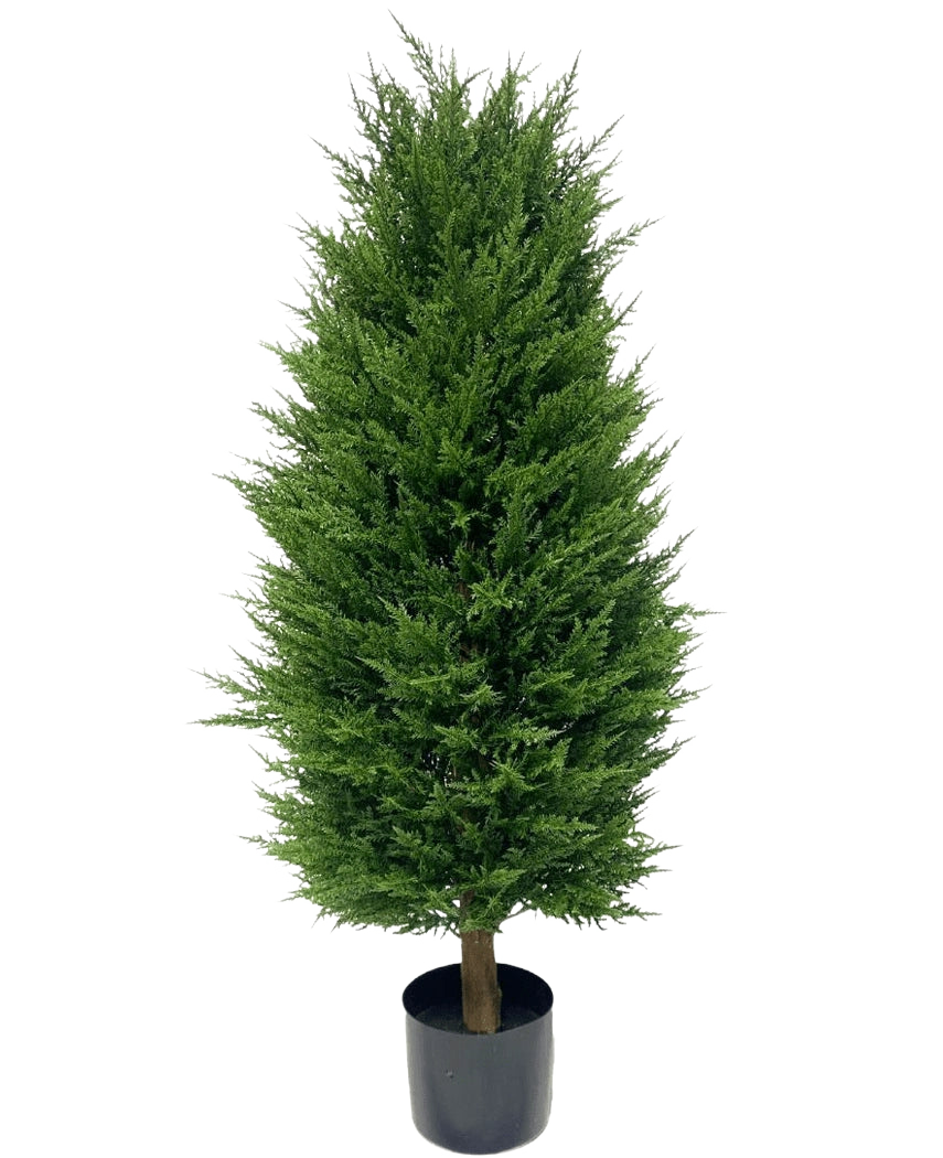 Die Kunstpflanze Konifere Deluxe UV 100 cm ist eine kleine Kunstpflanze in einem Topf mit dichten, hellgrünen Blättern und einer konischen Form, perfekt für einen wartungsfreien Garten, dargestellt vor einem schlichten weißen Hintergrund.