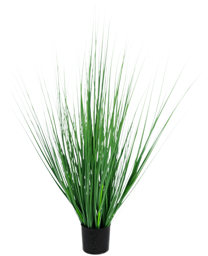 Die feuerhemmende Kunstrasenpflanze Zwiebel 100 cm hat einen schwarzen Topf mit dichten, aufrechten, schlanken grünen grasähnlichen Blättern, perfekt, um jedem Raum eine moderne Note zu verleihen.