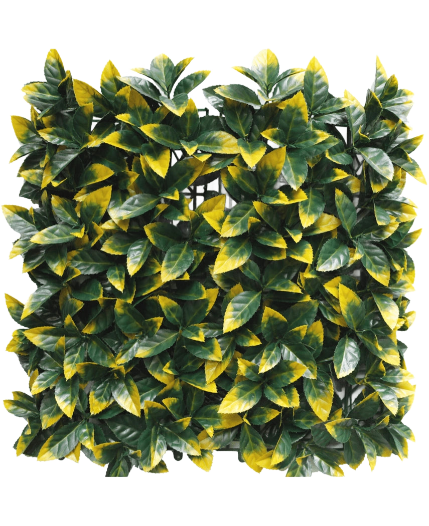Die künstliche Hecke Photonia gelb 50x50 cm UV hat dichte, quadratische Felder aus künstlichen grünen und gelb-bunten Blättern für ein üppiges, lebendiges Aussehen. Zur einfachen Installation ist die Rasterschicht teilweise hinter dem Blattwerk sichtbar.