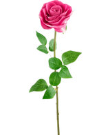 Die künstliche Rose „Real Touch“ (56 cm) besteht aus einer einzelnen rosafarbenen Kunstrose mit naturgetreuen grünen Blättern an einem langen Stiel vor einem schlichten weißen Hintergrund.