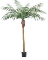 Die Kunstpflanze Phönixpalme De Luxe 180 cm hat federleicht grüne Blätter und einen braunen Stamm mit Struktur in einem kleinen schwarzen Topf und bringt tropische Atmosphäre in jeden Raum.