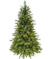 Der künstliche Weihnachtsbaum „Vinje“ 100 % PE – Smart LED ist ein grüner künstlicher Weihnachtsbaum mit PE-Nadeln und kleinen warmweißen Lichtern auf einem schwarzen Metallständer, der vor einem schlichten weißen Hintergrund eine echte Optik bietet.