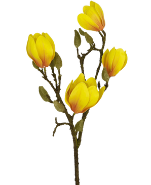 Die Kunstblume Magnolie 50 cm gelb/orange mit mehreren leuchtend gelben und orangefarbenen Blüten mit grünen Knospen sticht als auffällige Kunstblumendekoration auf einem schlichten weißen Hintergrund hervor.