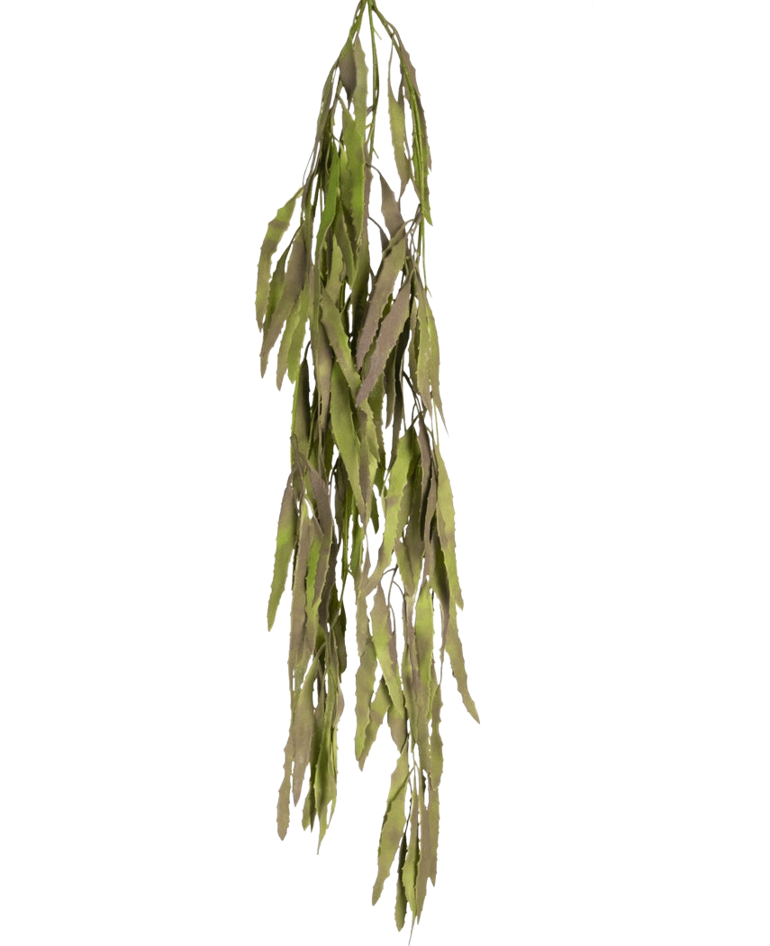 Die künstliche Hängepflanze Aloe Vera 102 cm hat lange, schmale grüne Blätter mit gezackten Rändern, die vor einem schlichten weißen Hintergrund herabfallen.