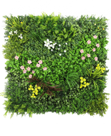 Die künstliche Hecke Vitality 100 x 100 cm UV ist eine quadratische Platte mit dichtem grünem Kunstlaub und verstreuten Büscheln kleiner rosa, gelber und weißer Blüten vor einem weißen Hintergrund.
