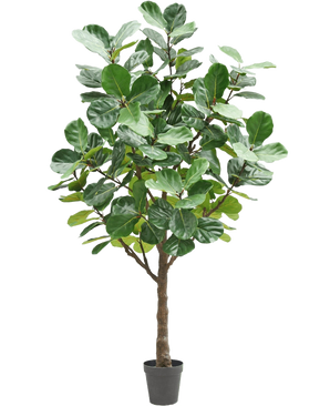 Die Kunstbaum-Tabakpflanze 270 cm ist ein hoher Kunstbaum mit üppigen, großen grünen Blättern und einem kräftigen braunen Stamm, in einem kleinen schwarzen Topf vor einem schlichten weißen Hintergrund.