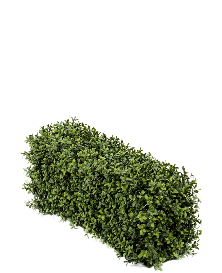 Die künstliche Buchsbaumhecke UV 70x20x25 cm ist ein dichter, rechteckiger künstlicher Buchsbaumstrauch mit kleinen grünen Blättern vor einem schlichten weißen Hintergrund.