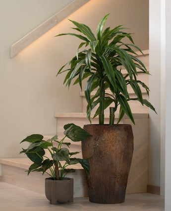 Eine hohe Kunstpflanze Alocasia Cucullata UV 53 cm mit herzförmigen Blättern in einem großen braunen Topf mit Struktur und eine kürzere Pflanze in einem kleinen grauen Topf stehen auf einer hellen Holztreppe vor einer neutralbeigen Wand und einem Geländer.
