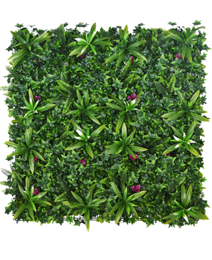 De Kunsthaag Olivine 100x100 cm UV is een dicht verticaal tuinpaneel met groene bladplanten met kleine paarse bloemen, perfect om levendig groen toe te voegen aan elke ruimte.