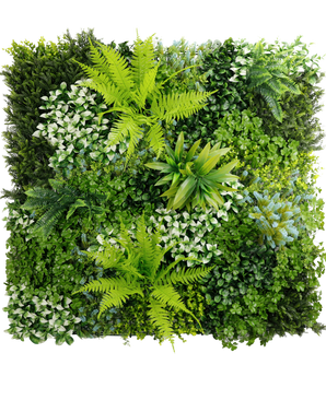 Die künstliche Hecke Cloe 100x100 cm UV ist ein quadratischer vertikaler Garten mit einer Mischung aus üppigen grünen Pflanzen und Farnen mit unterschiedlichen Blattformen, -größen und -tönen für eine dichte, strukturierte und lebendige Laubwand.