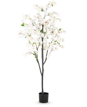 Die künstliche Kirschblüte 180 cm weiß ist ein hoher Kunstbaum mit mehreren dunkelbraunen Zweigen, weißen Blüten und grünen Blättern in einem schlichten schwarzen Topf vor einem schlichten weißen Hintergrund.