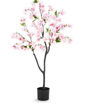 Künstliche Kirschblüte 120 cm rosa mit rosa Blüten und grünen Blättern in einem schwarzen Topf, hergestellt aus Seidenblumen für eine realistische Optik, vor weißem Hintergrund.