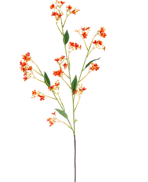 Der künstliche Zweig Daphne Spray 108 cm orange hat einen einzelnen, langen künstlichen Zweig mit kleinen leuchtend orangefarbenen Blüten und grünen Blättern vor einem schlichten weißen Hintergrund.