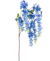 Ein einzelner 115 cm langer künstlicher Glyzinienstiel mit leuchtenden Glyzinienblüten und grünen Blättern auf einem langen, schlanken braunen Stiel, isoliert auf weißem Hintergrund.