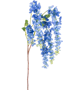 Ein einzelner 115 cm langer künstlicher Glyzinienstiel mit leuchtenden Glyzinienblüten und grünen Blättern auf einem langen, schlanken braunen Stiel, isoliert auf weißem Hintergrund.