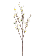 Die künstliche japanische Kirschblüte 94 cm weiß hat einen einzelnen braunen Zweig mit mehreren dünnen Trieben und kleinen weißen künstlichen Kirschblüten vor einem schlichten weißen Hintergrund.