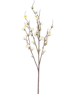 Die künstliche japanische Kirschblüte 94 cm weiß hat einen einzelnen braunen Zweig mit mehreren dünnen Trieben und kleinen weißen künstlichen Kirschblüten vor einem schlichten weißen Hintergrund.